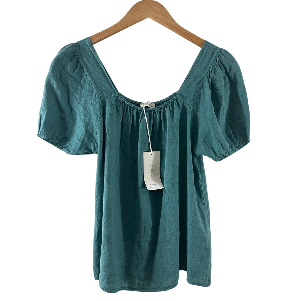 Bellambra Italy Womens Teal Green 100% Pure Linen Puff Sleeve Square Neck Top M